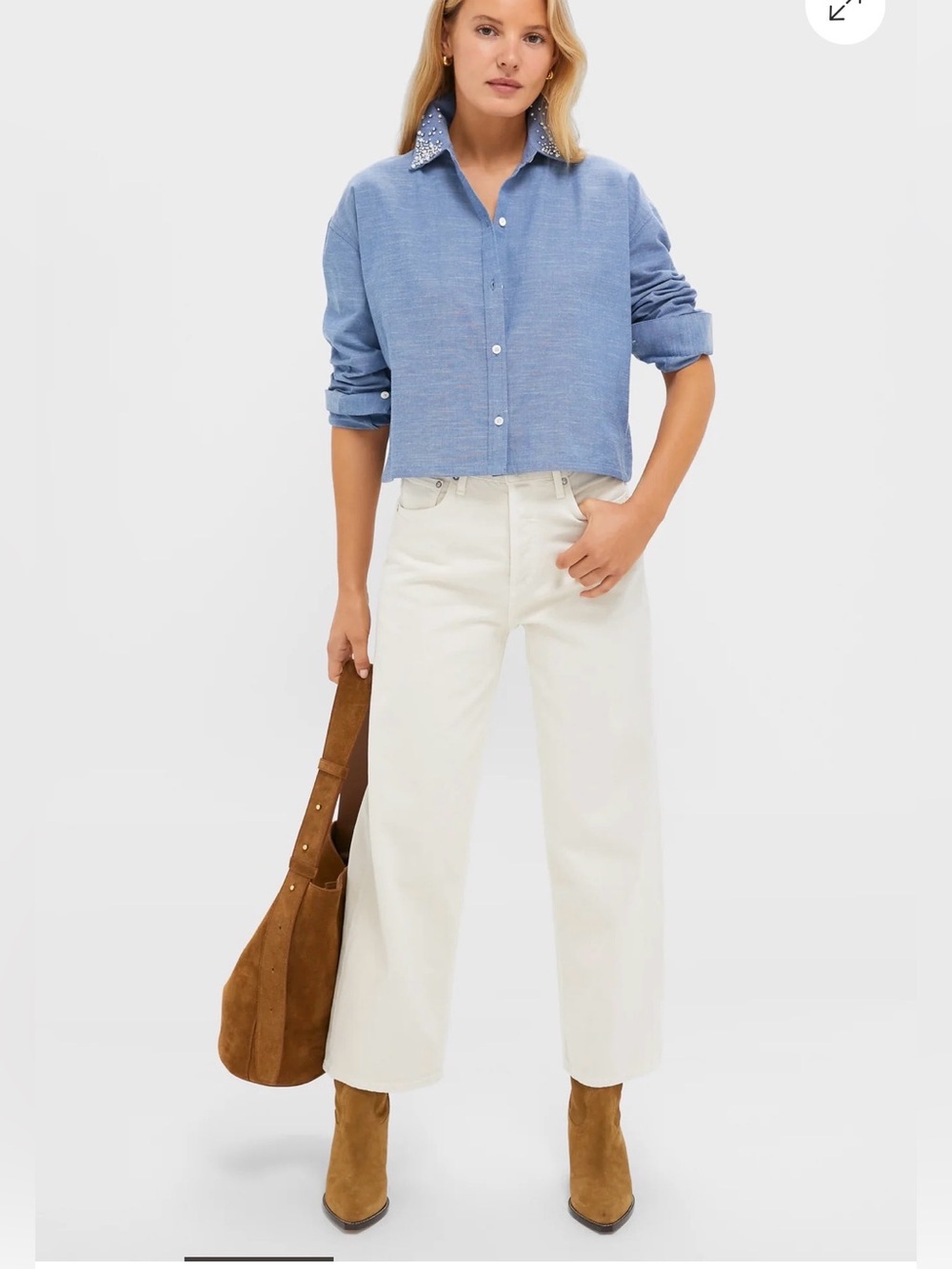 New Tuckernuck Chambray Denim Embellished Cropped Jasper Button Down size small - Picture 2 of 13